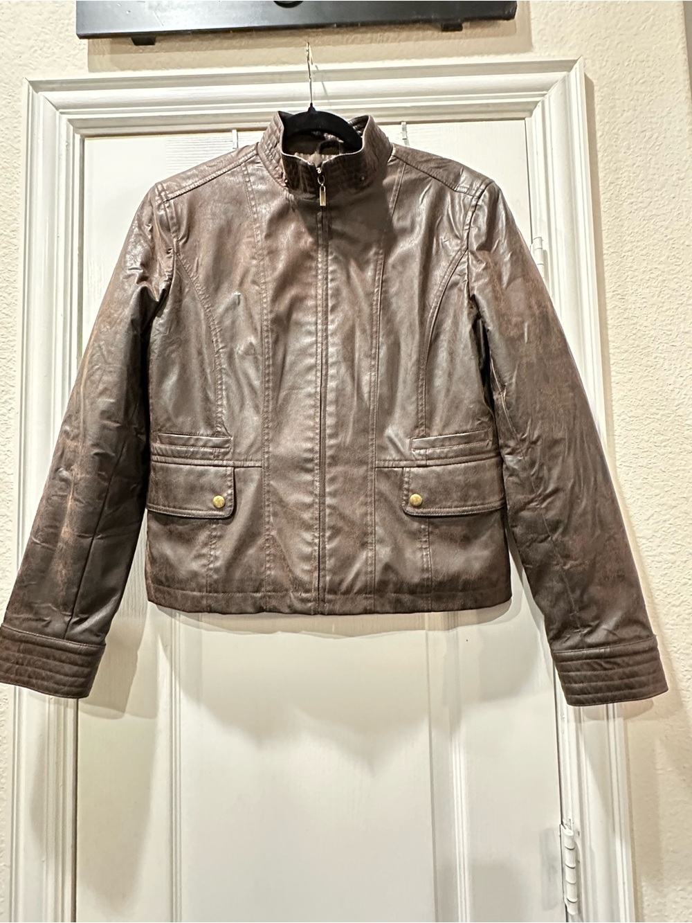 giacca Brown Faux Leather Zip-Front Women's Jacket